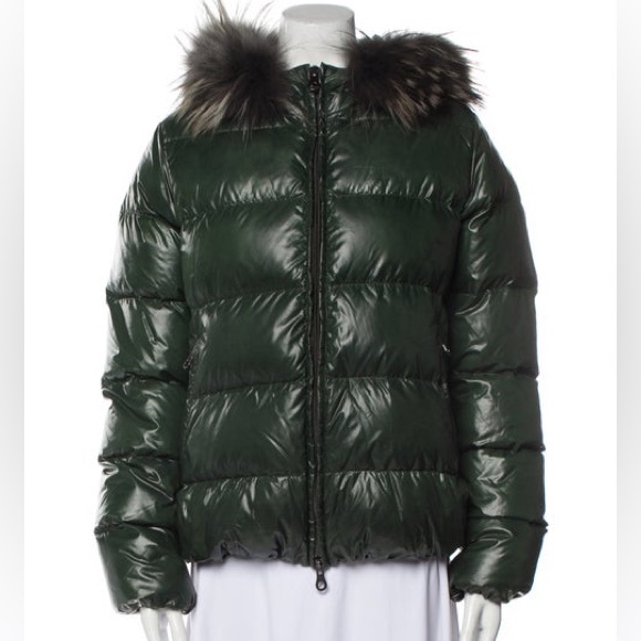 HARDLY WORN Duvetica Adhara Hooded Down Coat with Fur Trim in Dark Green size S - Picture 1 of 4